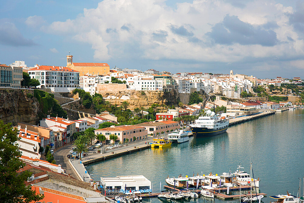 View over harbour to the city skyline, the Church of Santa Maria prominent, Mao (Mahon), Menorca, Balearic Islands, Spain, Mediterranean, Europe