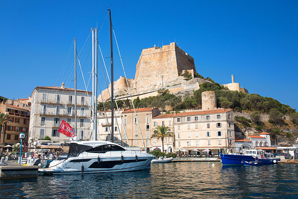 View across harbour to the historic citadel, the Bastion de l'Etendard prominent, Bonifacio, Corse-du-Sud, Corsica, France, Mediterranean, Europe