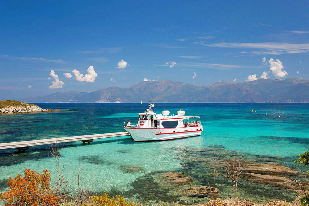 Excursion boat moored at jetty in clear turquoise water off the Plage du Loto, St-Florent, Haute-Corse, Corsica, France, Mediterranean, Europe