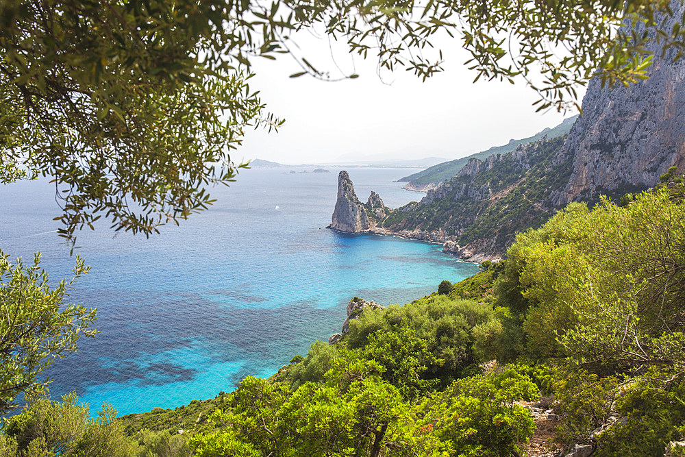 View to Pedra Longa from wooded hillside, Gulf of Orosei National Park, Santa Maria Navarrese, Baunei, Nuoro, Sardinia, Italy, Mediterranean, Europe