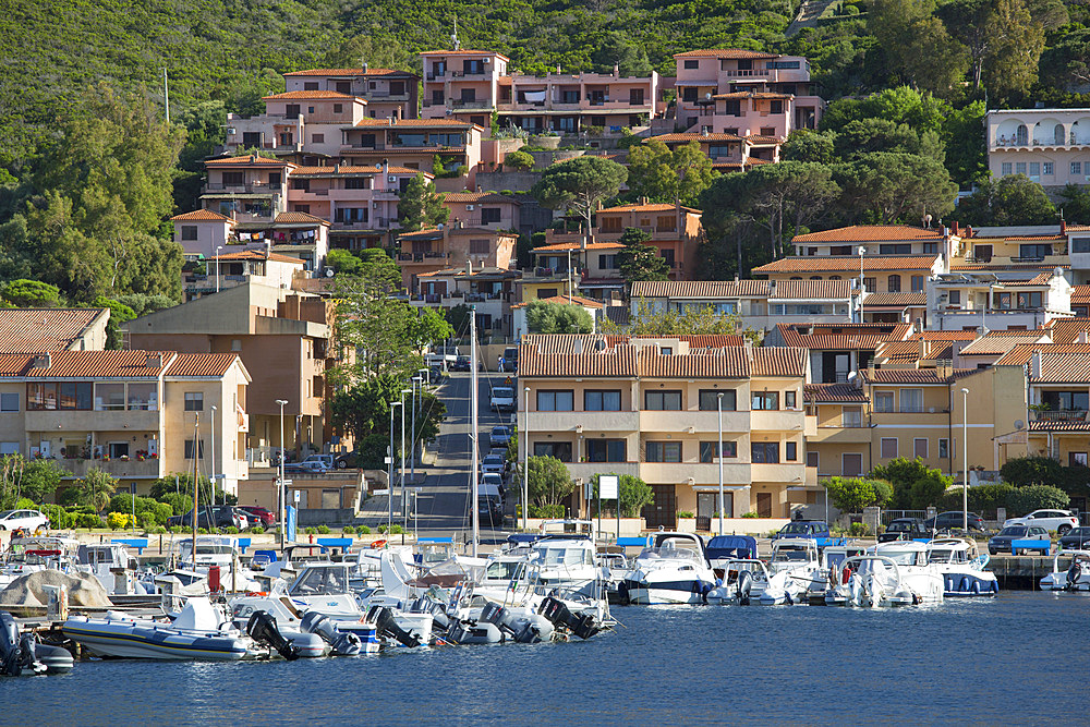 View across marina to the waterfront, modern houses clinging to wooded hillside beyond, Palau, Sassari, Sardinia, Italy, Mediterranean, Europe