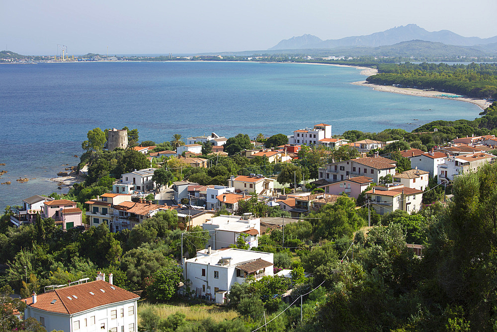 View over the village and coastline to distant Arbatax, Santa Maria Navarrese, Baunei, Nuoro, Sardinia, Italy, Mediterranean, Europe