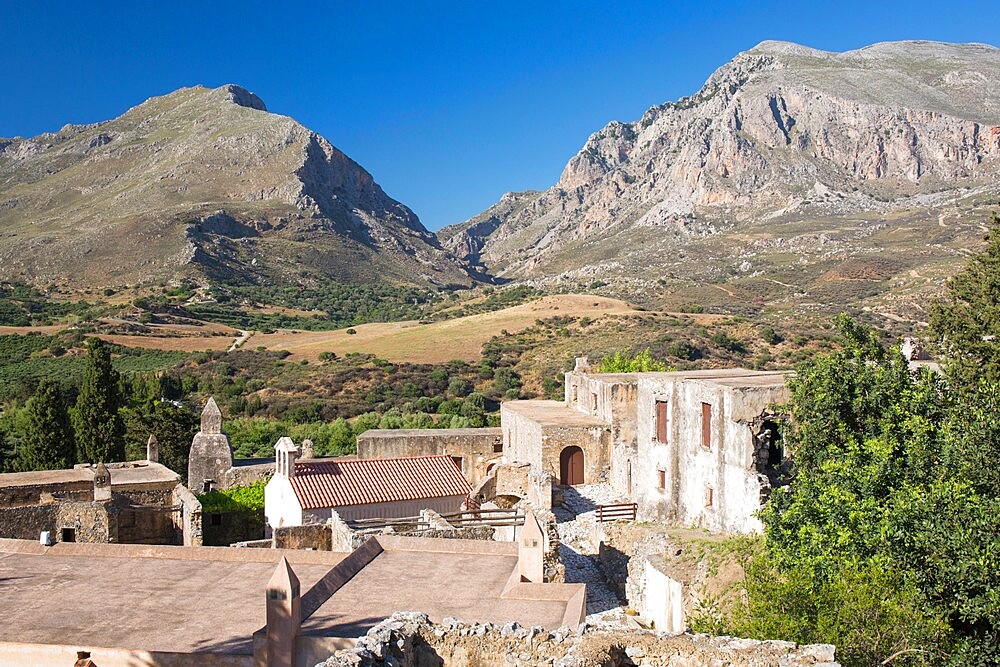 Ruins of the lower Preveli Monastery, Preveli, near Plakias, Rethymno (Rethymnon), Crete, Greek Islands, Greece, Europe