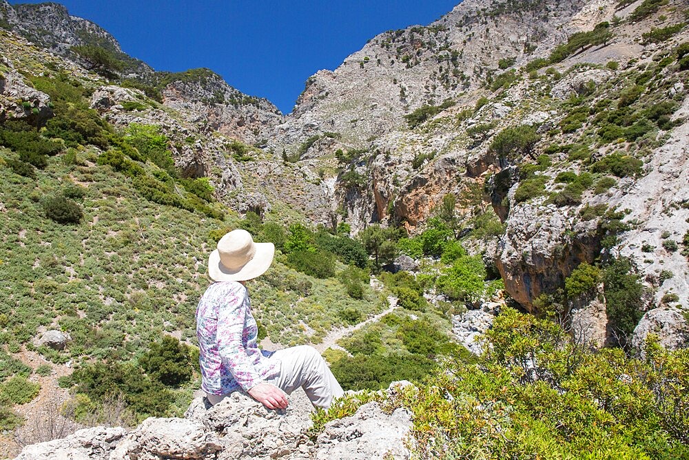 Hiker on rocks admiring view into the Rouvas Gorge, Zaros, Iraklio (Heraklion), Crete, Greek Islands, Greece, Europe