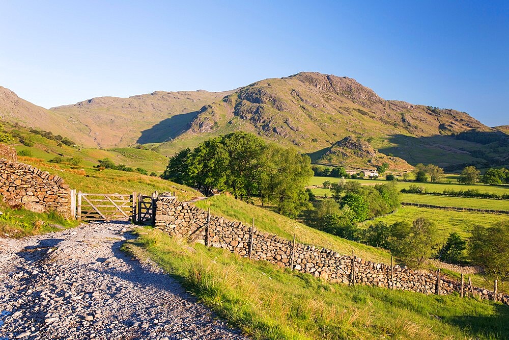 View along track towards Wrynose Fell, early morning, Little Langdale, Lake District National Park, UNESCO World Heritage Site, Cumbria, England, United Kingdom, Europe