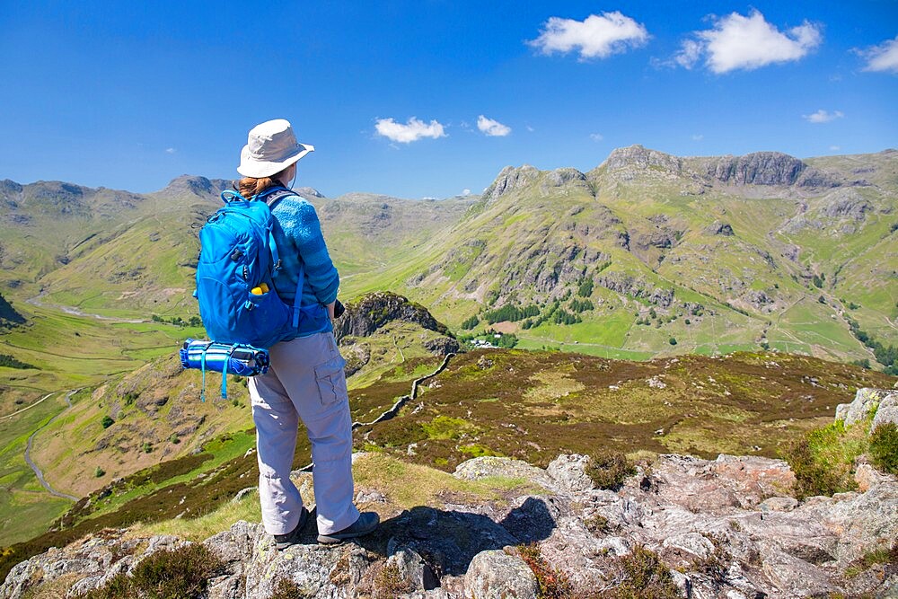 Hiker on summit of Lingmoor Fell, the Langdale Pikes beyond, Great Langdale, Lake District National Park, UNESCO World Heritage Site, Cumbria, England, United Kingdom, Europe