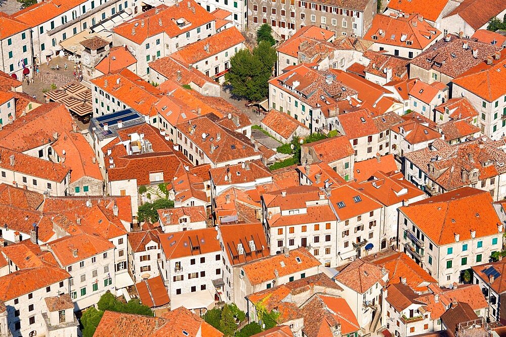 View over the tiled rooftops of the Old Town, Stari Grad, from the town walls, Kotor, Montenegro, Europe