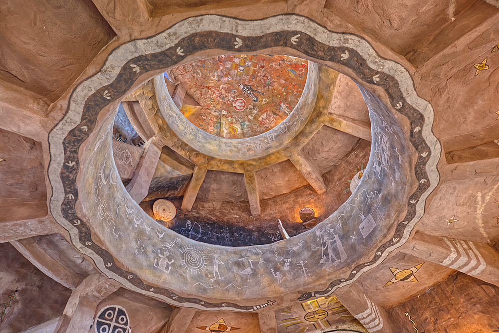 An interior view of the historic Desert View Watchtower at Grand Canyon South Rim, artwork created by Fred Kobotie in 1933, now owned by the National Park Service, UNESCO World Heritage Site, Arizona, United States of America, North America