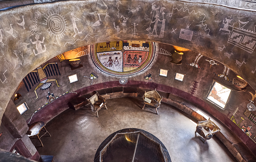 Downward view from the second floor in historic Desert View Watchtower at Grand Canyon South Rim, artwork created by Fred Kobotie in 1933, now owned by the National Park Service, UNESCO World Heritage Site, Arizona, United States of America, North America