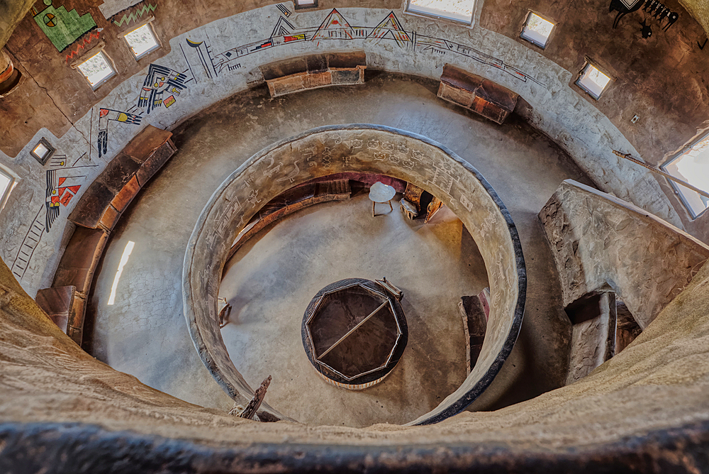 Downward view from the third floor in the historic Desert View Watchtower at Grand Canyon South Rim, artwork created by Fred Kobotie in 1933, now owned by the National Park Service, UNESCO World Heritage Site, Arizona, United States of America, North America