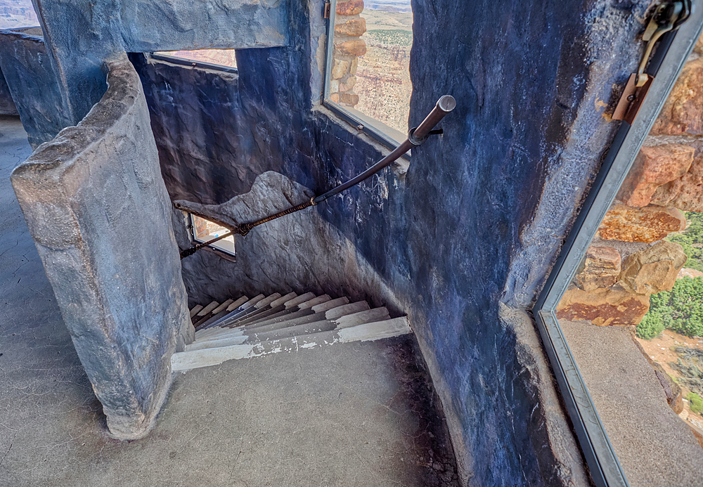 Stairs going down from the fourth floor in the historic Desert View Watchtower at Grand Canyon South Rim, UNESCO World Heritage Site, Arizona, United States of America, North America