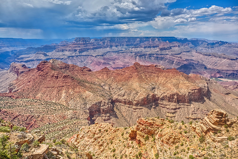 Northwest view of Grand Canyon South Rim Arizona from the top floor of the historic Watchtower, taken through glass window, Grand Canyon, UNESCO World Heritage Site, Arizona, United States of America, North America