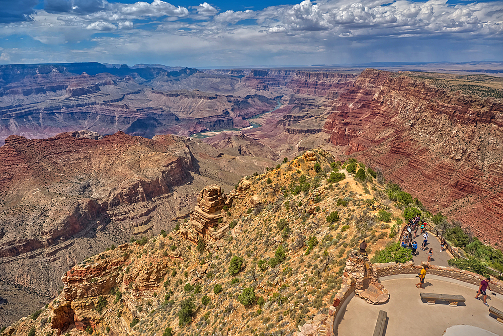 North view of Grand Canyon South Rim Arizona from the top floor of the historic Watchtower, taken through glass window, Grand Canyon, UNESCO World Heritage Site, Arizona, United States of America, North America