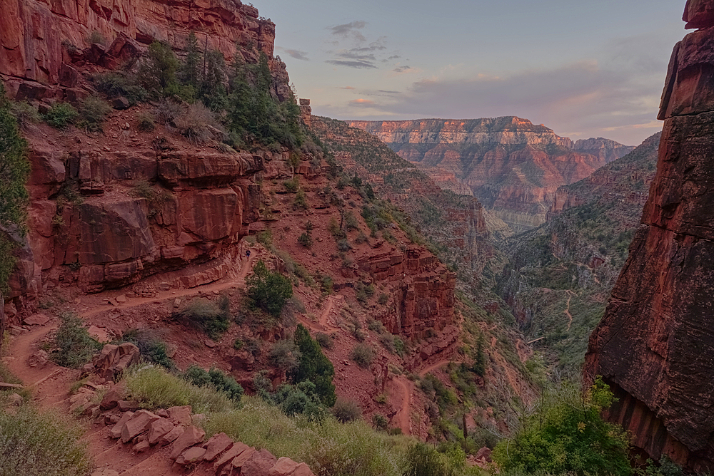 View of Roaring Springs Canyon along the North Kaibab Trail at Grand Canyon North Rim Arizona near sundown. HDR toned to compensate for low light.