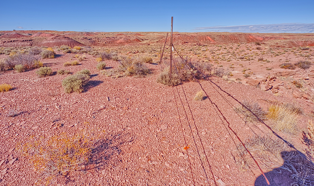 The boundary fence on the east side of Petrified Forest National Park, Arizona, United States of America