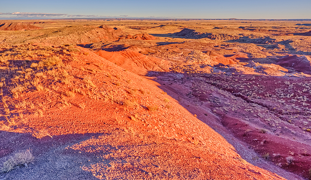 Cliff view of Dead Wash Valley in Petrified Forest National Park, at sundown, Arizona, United States of America