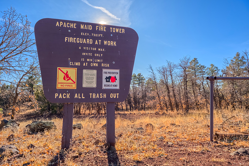 An information sign on the summit of Apache Maid Mountain in Coconino National Forest Arizona. Open to the public, no property release needed.