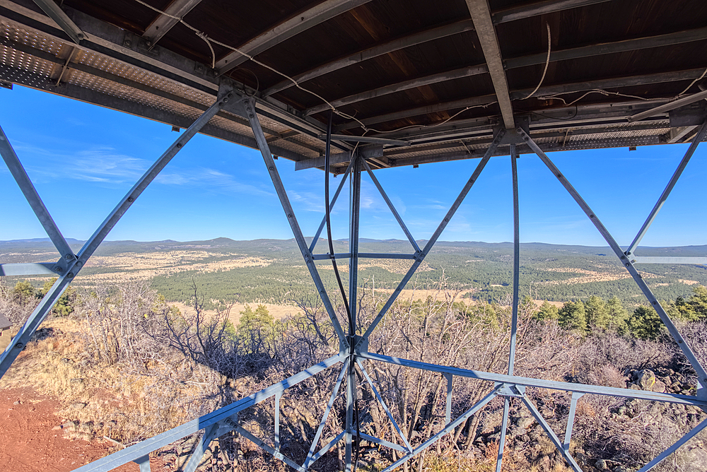 Fisheye view from the 2nd deck of the fire watchtower on the summit of Apache Maid Mountain in the Coconino National Forest of Arizona. The tower is public property and open to the public. No property release is needed.