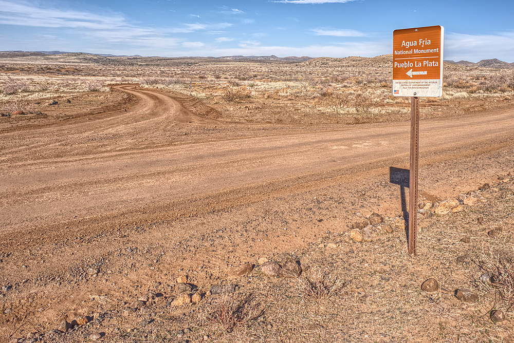 Road sign along Bloody Basin Road in the Agua Fria National Monument of Arizona directing the way to the Pueblo La Plata Indian Ruins.