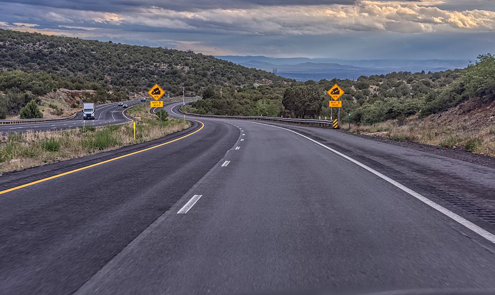 Approaching a steep grade on westbound I-40 near Ash Fork, Arizona, USA