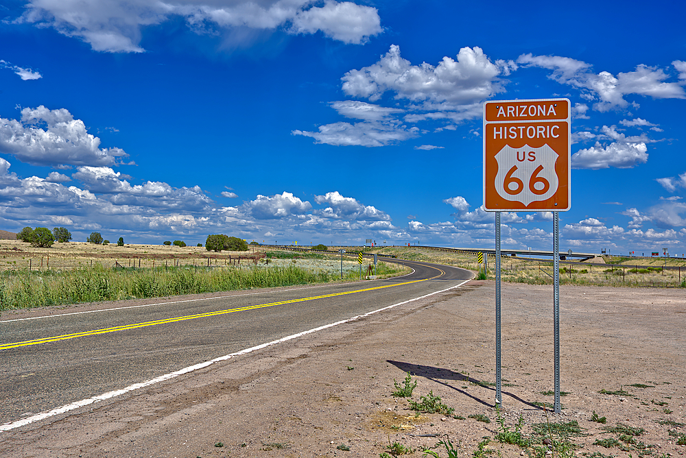 A road sign marking the Historic Route 66 just west of Ash Fork, Arizona, United States of America, North America