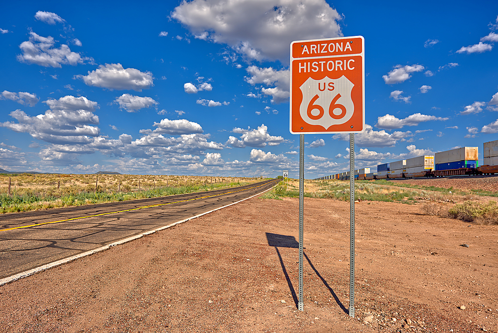 Road sign marking Historic Route 66 just east of Seligman, the birthplace of the famous road, Arizona, United States of America, North America