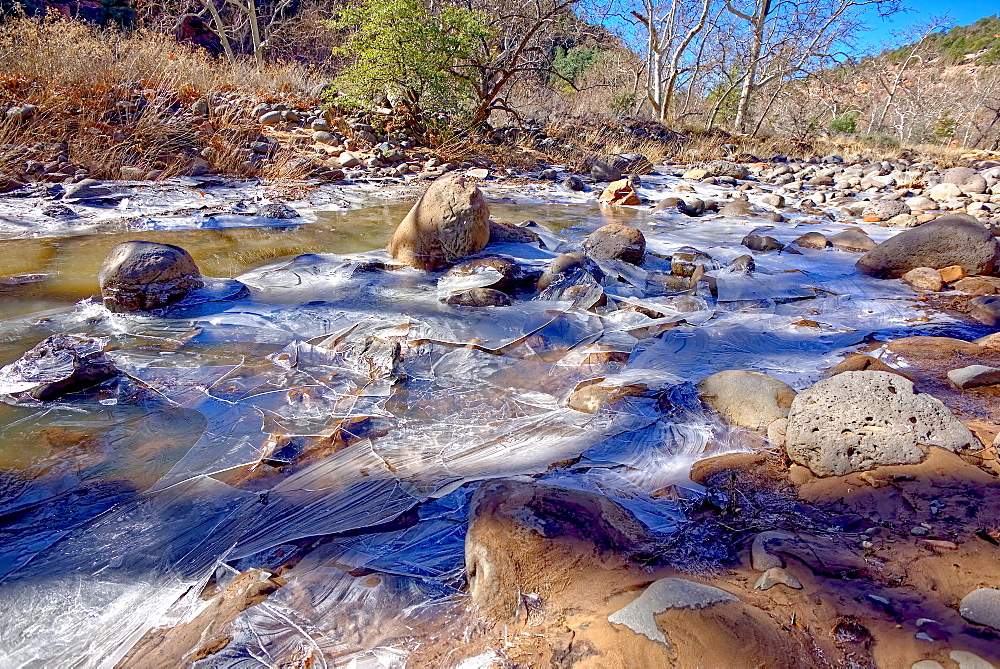 Frozen Creek, Oak Creek in Sedona frozen from winter cold in February 2019, Arizona, United States of America, North America