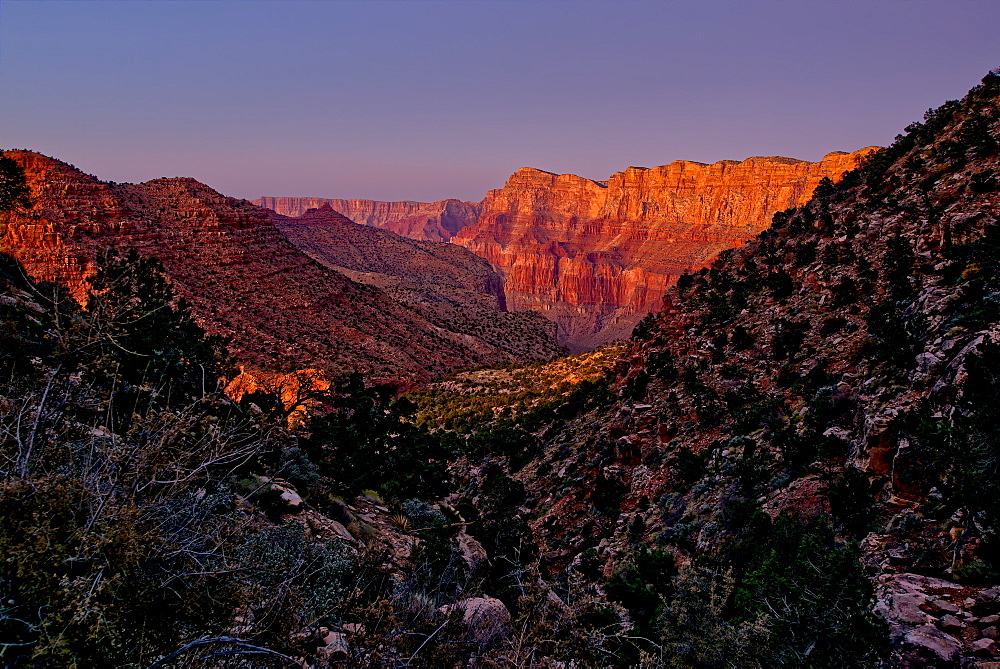 Grand Canyon view from the Tanner Trail with only the twilight glow as the light source, Grand Canyon National Park, UNESCO World Heritage Site, Arizona, United States of America, North America