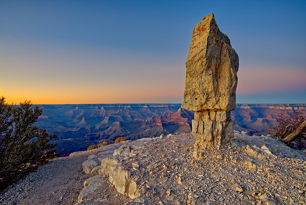 Shoshone Rock at Shoshone Point on the south rim of the Grand Canyon facing north at twilight, Grand Canyon National Park, UNESCO World Heritage Site, Arizona, United States of America, North America