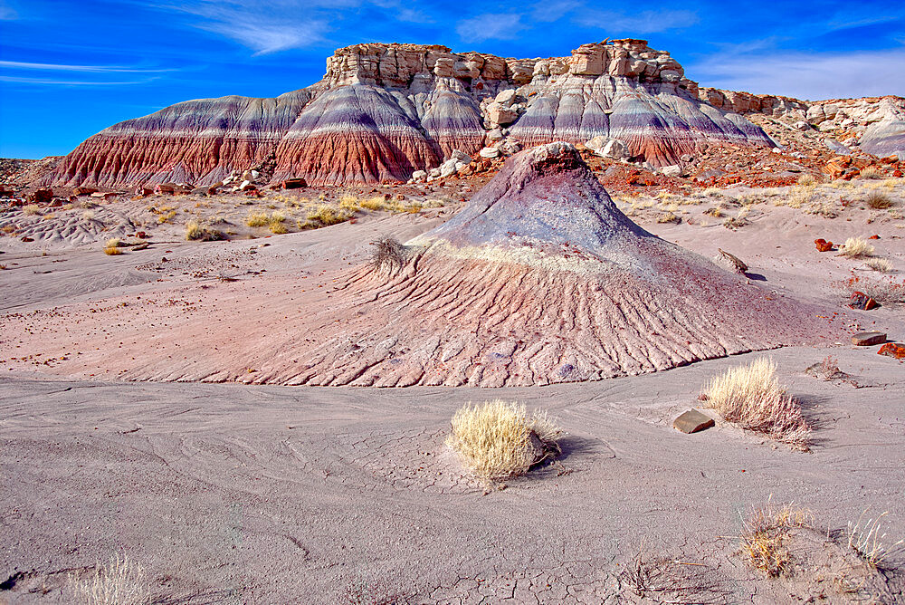 Mounds and cliffs of expansive clay called Bentonite in the Jasper Forest of Petrified Forest National Park, Arizona, United States of America, North America