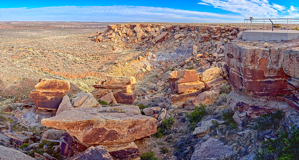 A rocky pile in Petrified Forest National Park called Newspaper Rock, where some rocks have petroglyphs, Arizona, United States of America, North America