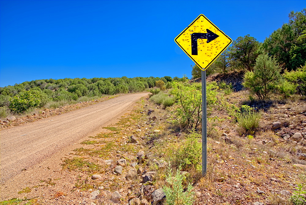 A sign along Forest Service Road 492 that has been shot up by reckless gunfire, Prescott National Forest, Arizona, United States of America, North America