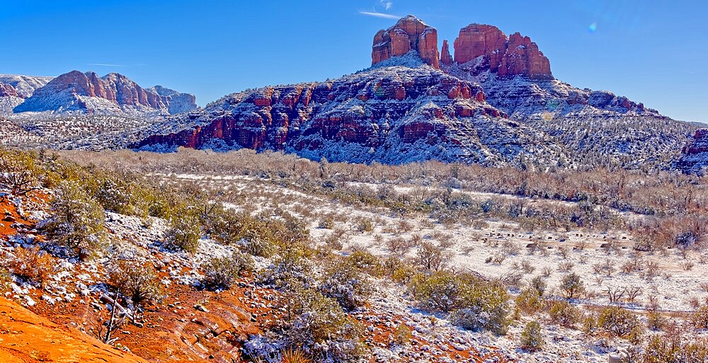 Panorama of Cathedral Rock covered in winter snow and ice, Sedona, Arizona, United States of America, North America