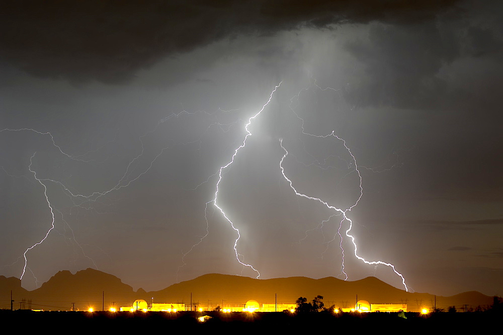 Nuclear Lightning, a lightning storm striking near a nuclear power plant in Wintersburg during the 2015 Monsoon Season, Arizona, United States of America, North America