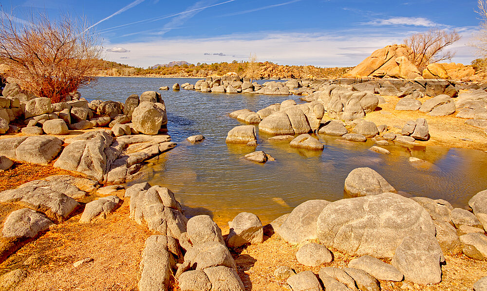 Rocky shore of Watson Lake which has lost much water due to the drought, the gray rock was originally submerged, Arizona, United States of America, North America