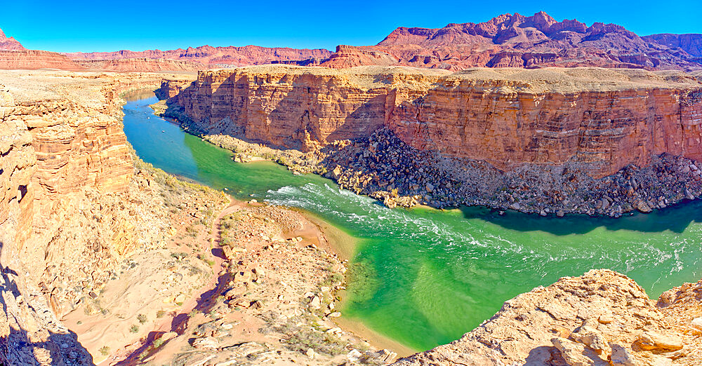 Colorado River flowing through Marble Canyon, viewed above Cathedral Wash, adjacent to the Glen Canyon Recreation Area, Arizona, United States of America, North America