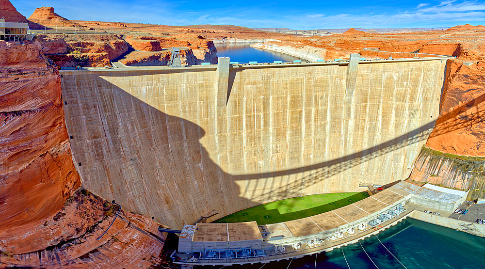 Front view of the historic Glen Canyon Dam in Page, viewed from the Highway 89 Bridge over the Colorado River, Arizona, United States of America, North America