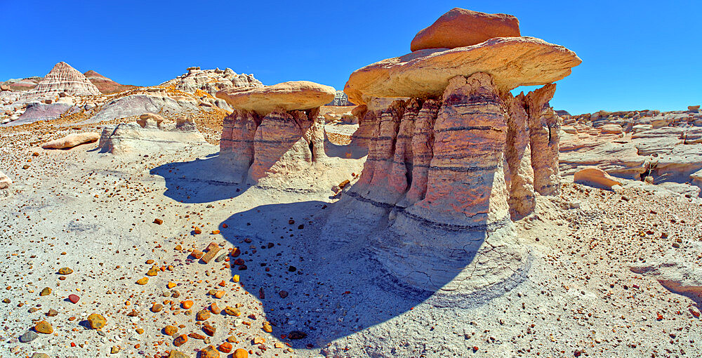 Three hoodoos in a triangular formation in Devil's Playground called the Unholy Trinity, Petrified Forest National Park, Arizona, United States of America, North America