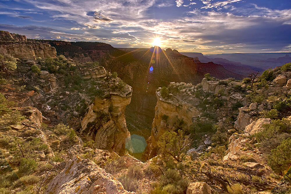 Coronado Falls with the sun setting behind the Sinking Ship at Grand Canyon, Grand Canyon National Park, UNESCO World Heritage Site, Arizona, United States of America, North America