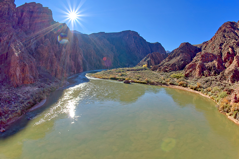 West view of the Colorado River from the Black Bridge at Grand Canyon Arizona.