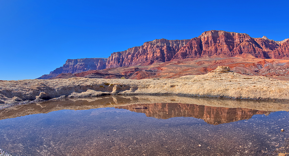 A pool of water reflecting the summit of Johnson Point below Vermilion Cliffs, Glen Canyon Recreation Area, Arizona, United States of America, North America