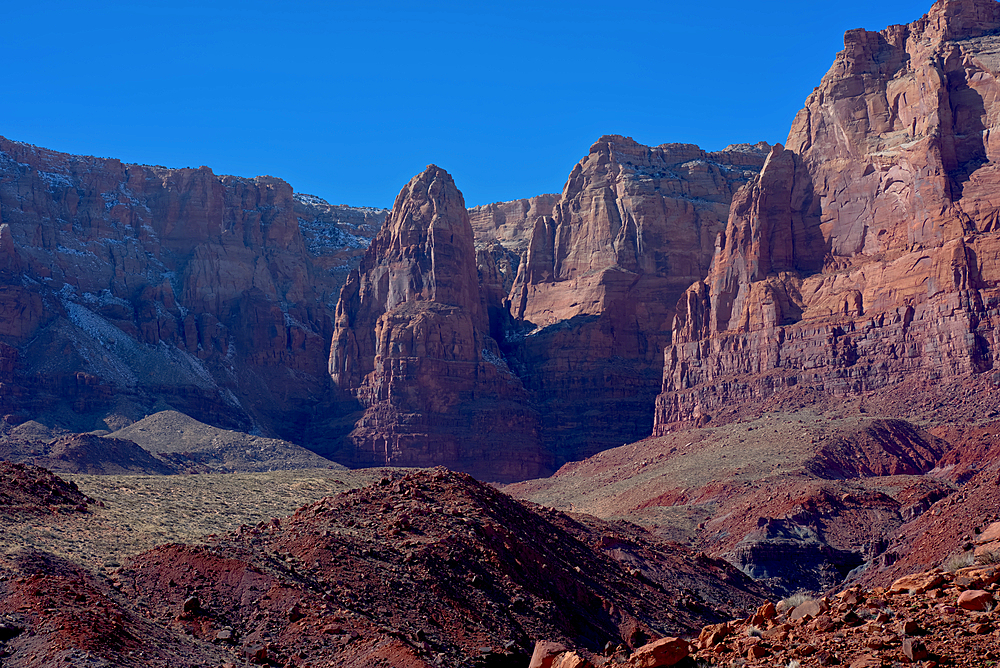 View of a rock formation called Cathedral Butte at the base of the Vermilion Cliffs, Glen Canyon Recreation Area, Arizona, United States of America, North America