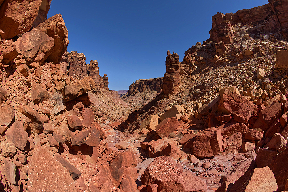 Giant boulders from a rock slide in a narrow section of the south fork of Soap Creek Canyon at Marble Canyon, Arizona, United States of America, North America