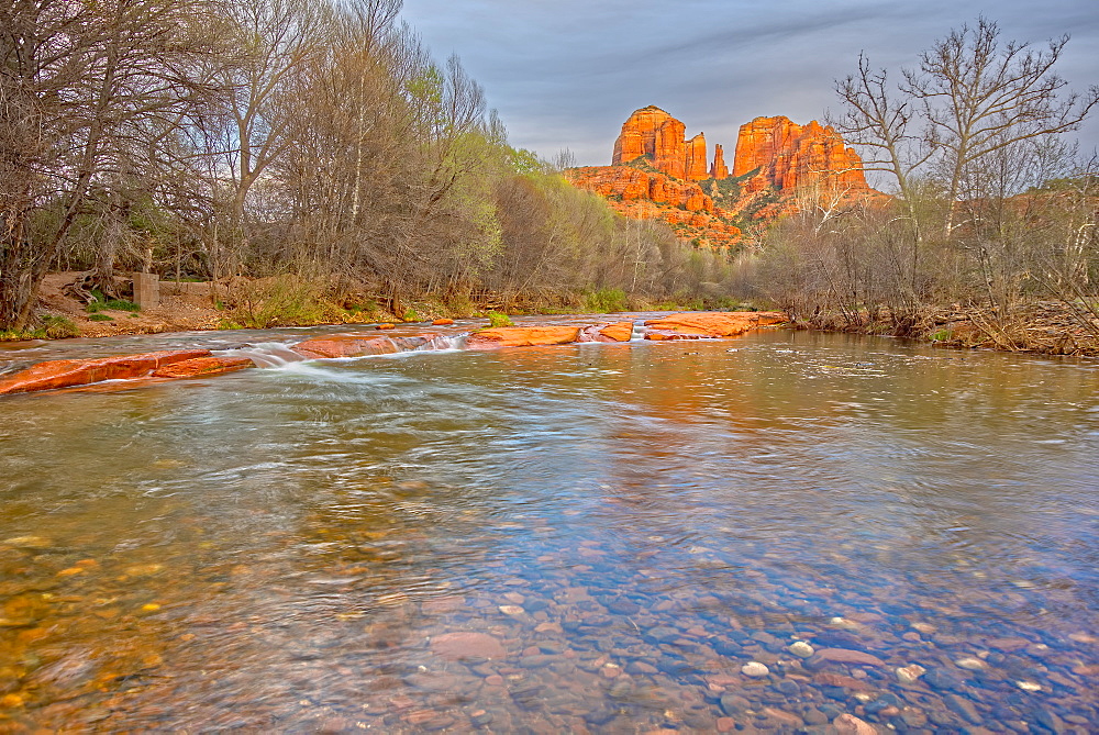 View of Cathedral Rock in Sedona from the middle of Oak Creek, Arizona, United States of America, North America