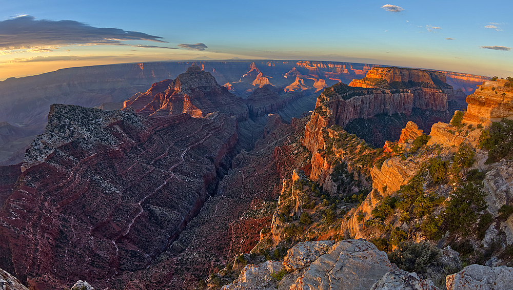 View of Freya's Castle and Vishnu Temple on the left and Wotan's Throne on the right at sunrise viewed from Cape Royal, North Rim, Grand Canyon National Park, UNESCO World Heritage Site, Arizona, United States of America, North America