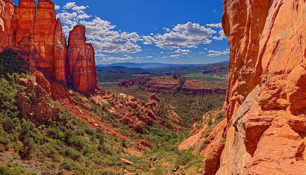 Southwestern view from a cliff in the saddle area of Cathedral Rock, Sedona, Arizona, United States of America, North America