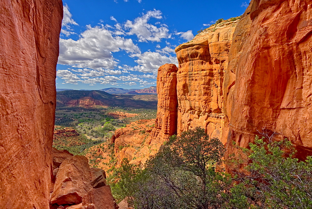 Northwest view of Sedona from within the saddle on Cathedral Rock, Sedona, Arizona, United States of America, North America