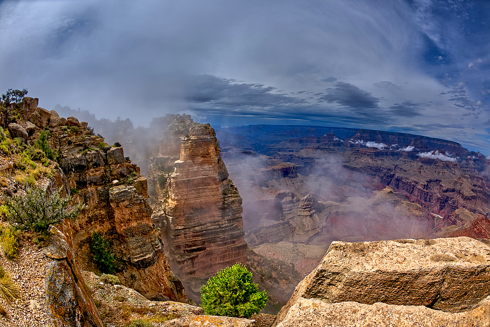 Grand Canyon view from Moran Point on a cloudy day with the clouds floating inside the canyon, Grand Canyon National Park, UNESCO World Heritage Site, Arizona, United States of America, North America