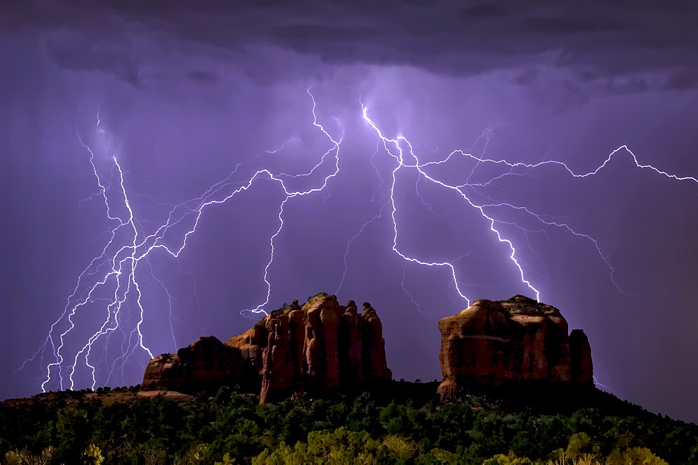 Lightning storm striking Cathedral Rock in Sedona viewed from the Little Horse Trail, Sedona, Arizona, United States of America, North America