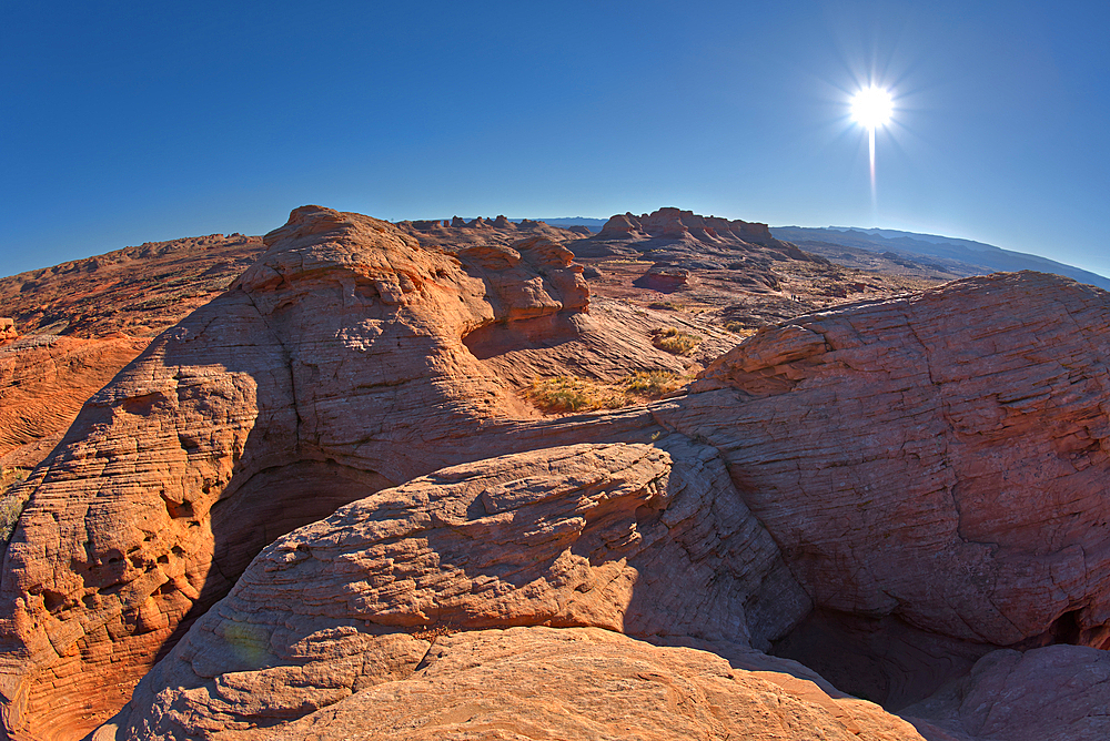 View from the top of the Shiva Nandi Rock along the Beehive Trail on the west ridge of the New Wave in the Glen Canyon Recreation Area near Page, Arizona, United States of America, North America